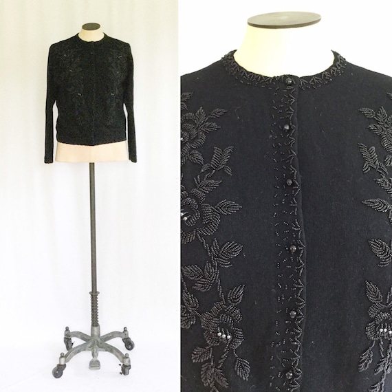 Vintage 50s beaded Cardigan | Vintage black beaded
