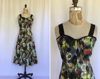Vintage 50s cotton dress | Vintage novelty rose print day dress | 1950s black floral print fit and flare dress