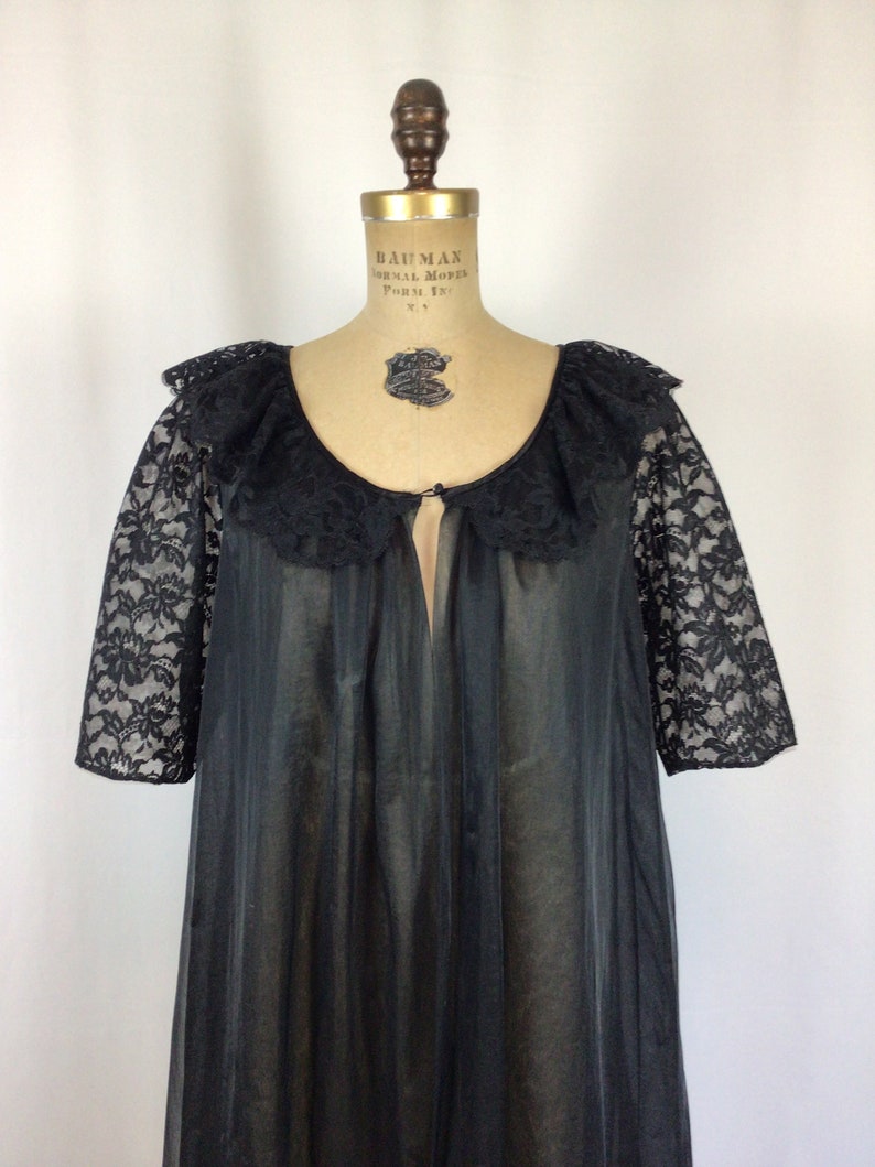 Vintage 60s robe Vintage black chiffon lace peignoir 1960s Vanity Fair sheer robe image 2