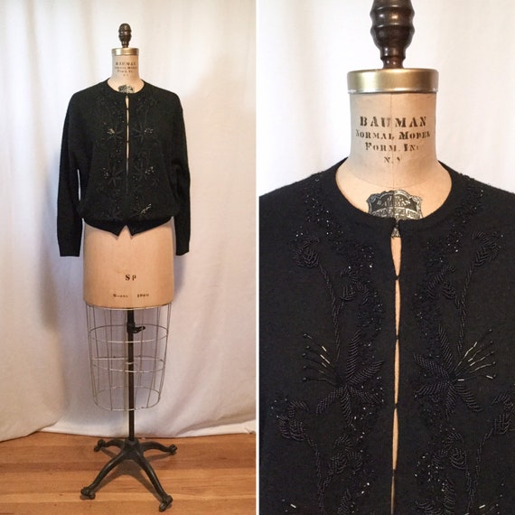 Vintage 50s beaded Cardigan | Vintage black floral