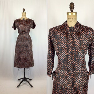 Vintage 50s suit | Vintage black floral print two piece suit | 1950s Leslie Fay dress and jacket