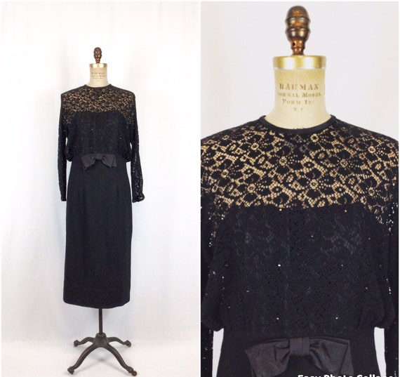 Vintage 50s dress | Vintage black lace rhinestone… - image 1