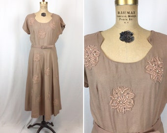 Vintage late 40s dress | Vintage appliqué cafe latte cocktail dress | Early 1950s flare skirt dress