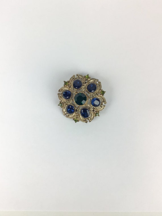 Vintage 80s brooch | Vintage green blue rhineston… - image 3