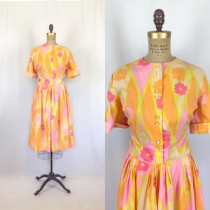 Vintage 50s dress | Vintage pink and orange floral dress | 1950s shirtwaist dress