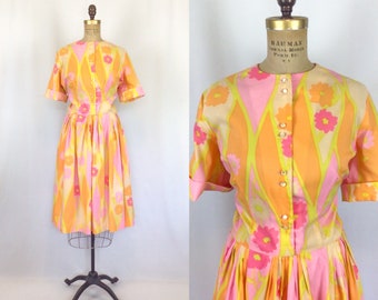 robe vintage des années 50 | robe fleurie rose et orange vintage | robe chemisier des années 1950