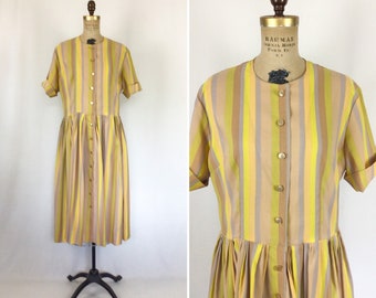 Vintage 50s dress | Vintage multi colored stripe shirt waist dress | 1950s Westbury Fashions dress