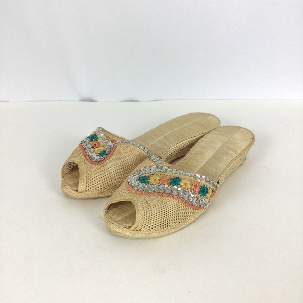 Vintage 50s slides | Vintage embroidered woven shoes | 1950's rafia peep toe sandals