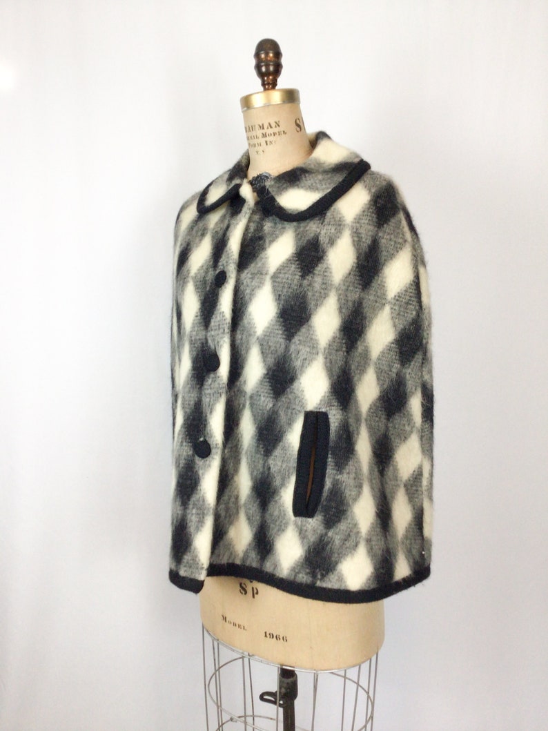 1960s Alex knit cape Vintage 60s cape Vintage black white diamond print cape