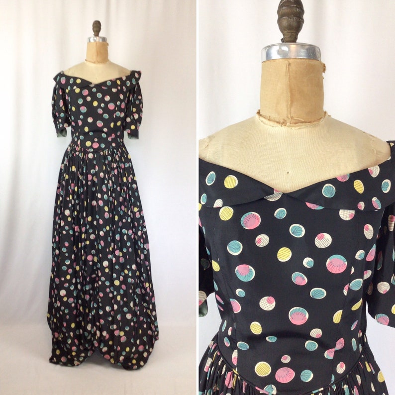Vintage 30s evening dress Vintage polka dot evening gown 1930s long multi colored party dress image 1