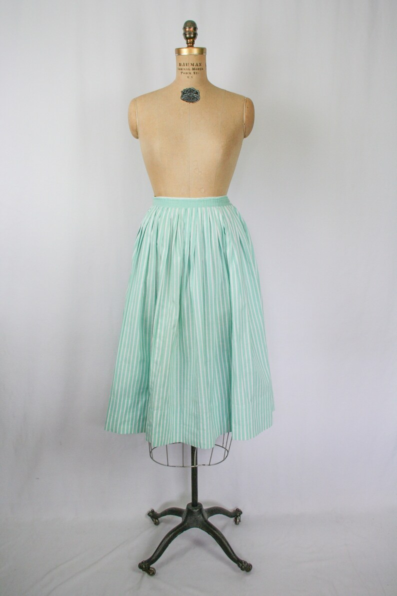 Vintage 50s full skirt Vintage aqua white stripe cotton pleated skirt 1950s cotton full circle skirt