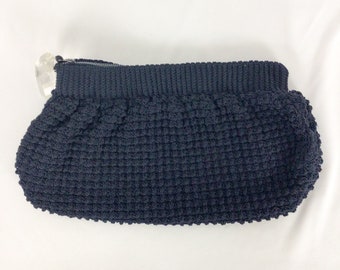 Vintage 40s Purse | Vintage dark navy textured corde purse | 1940s blue clutch handbag