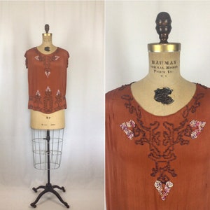 Vintage 20s blouse |Vintage saffron silk tunic style top | 1920s hand beaded silk shirt