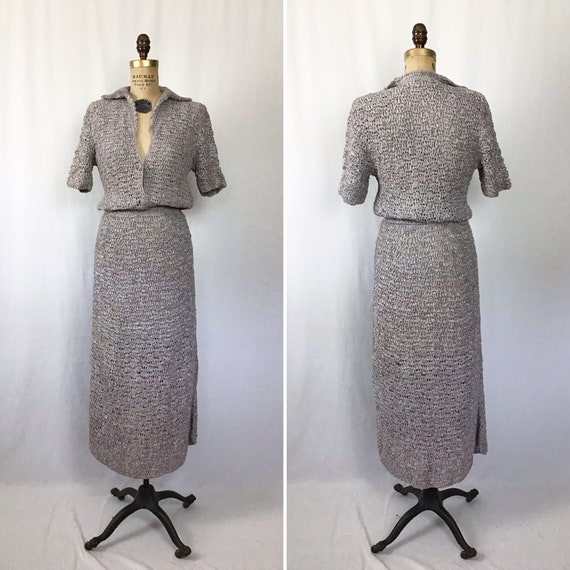 Vintage 40s dress | Vintage grey ribbon knit dress