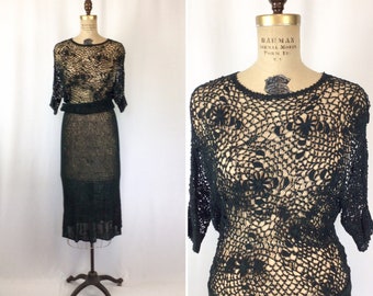 Vintage 30s dress | Vintage dark evergreen rayon knit dress | 1930s crochet lace sweater dress