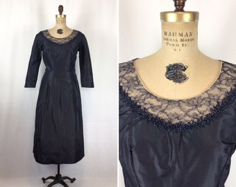 Vintage 50s dress | Vintage navy silk party dress | 1950s dark blue beaded lace silk cocktail dress