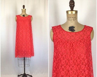 Vintage 60s nightgown | Vintage red lace nightdress | 1960s Deena negligee