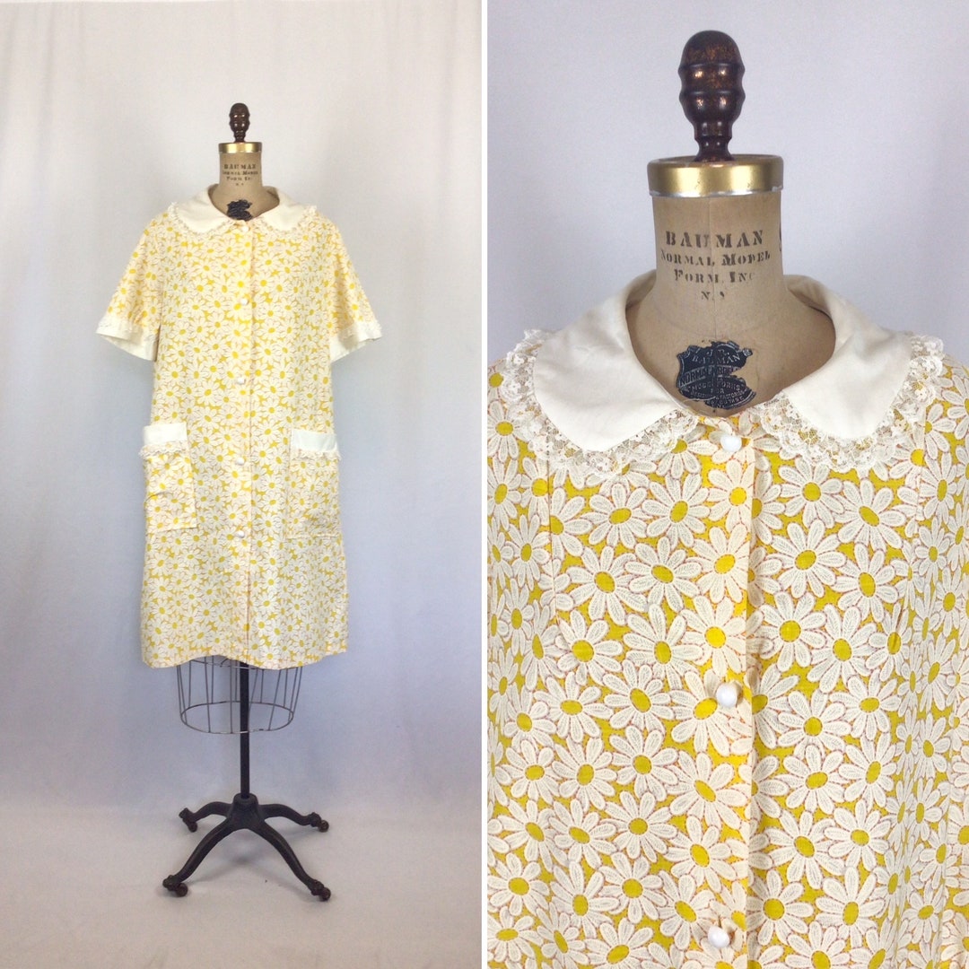 Vintage 60s Robe| Vintage Floral Print Cotton Bathrobe | 1960s Daisy ...