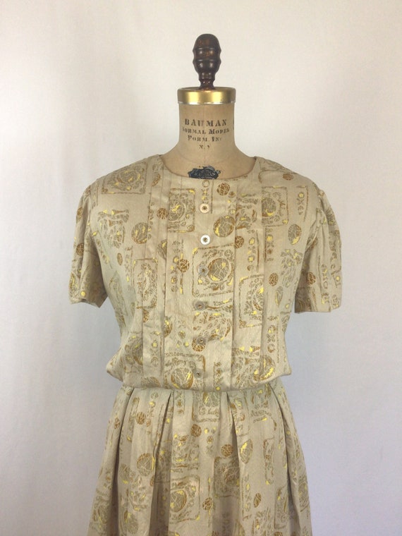 Vintage 50s Dress | Vintage beige gold ball print… - image 3