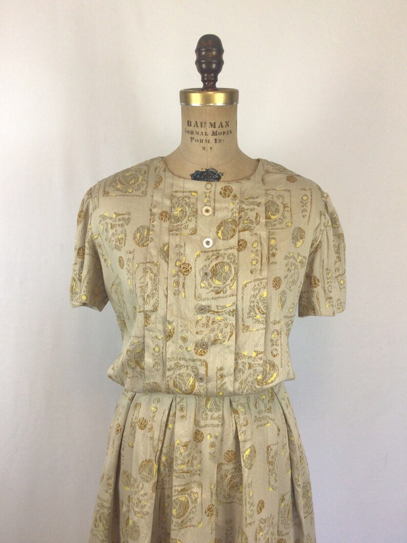 Vintage 50s Dress Vintage beige gold ball print day dress 1950s shirtwaist dress image 3