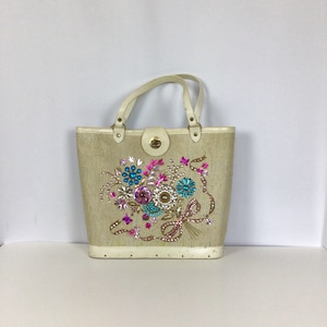 Vintage 60s purse | Vintage beaded floral tote | 1960s bejeweled hand bag
