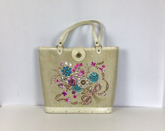 Vintage 60s purse | Vintage beaded floral tote | 1960s bejeweled hand bag