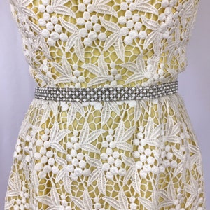 Vintage 60s dress Vintage yellow white lace evening gown 1960s Cameo Evening Fashion floral lace rhinestone maxi dress image 3
