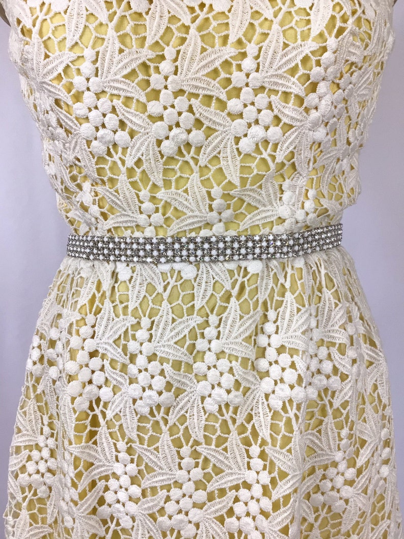 Vintage 60s dress Vintage yellow white lace evening gown 1960s Cameo Evening Fashion floral lace rhinestone maxi dress image 3