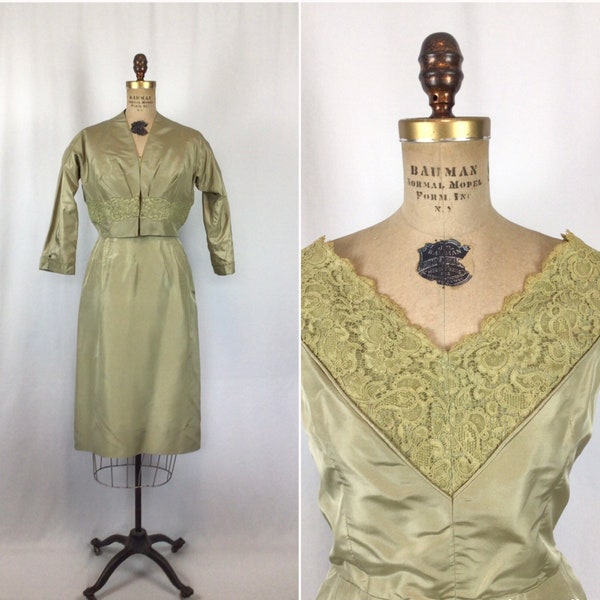 Vintage 50s dress suit | Vintage olive green wiggle dress bolero jacket | 1950s Custom made two piece dress suit