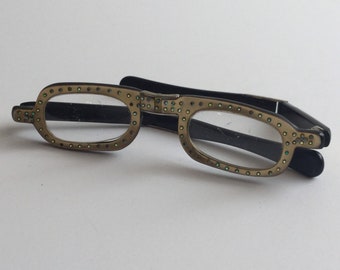 Vintage 50s eye glasses | Vintage gold rhinestone framed eye glasses | 1950s Foldable reader eyewear