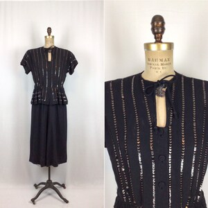 Vintage 40s dress | Vintage black rayon crepe dress | 1940s sequin peplum dress