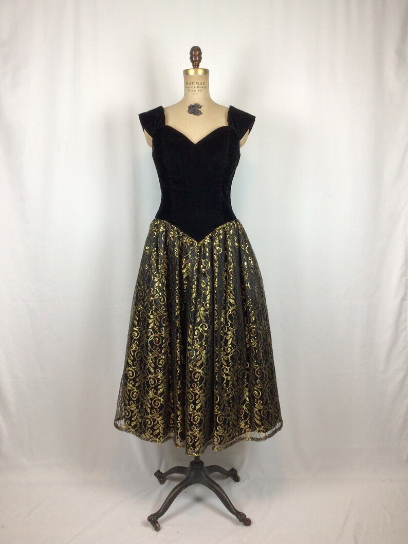 Vintage 80s dress Vintage black velvet gold lace cocktail dress 1980s Jessica McClintock Gunne Sax dress image 4