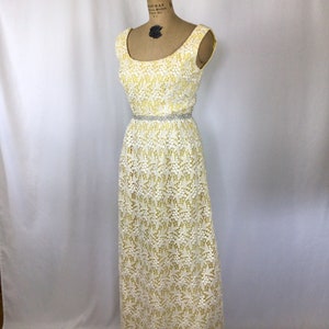 Vintage 60s dress Vintage yellow white lace evening gown 1960s Cameo Evening Fashion floral lace rhinestone maxi dress image 6