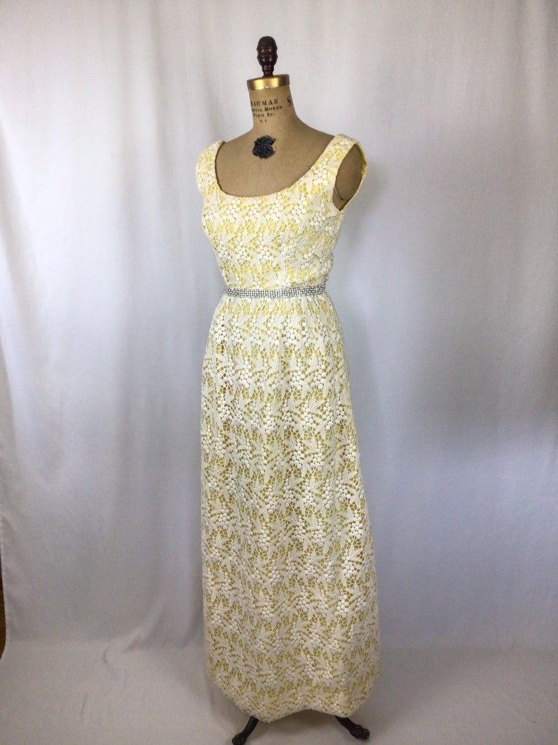 Vintage 60s dress Vintage yellow white lace evening gown 1960s Cameo Evening Fashion floral lace rhinestone maxi dress image 6