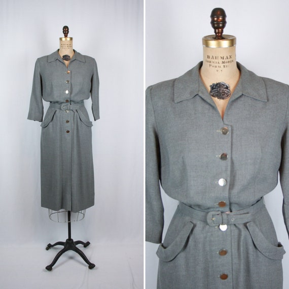 Vintage 50s dress | Vintage grey heather gaberdine