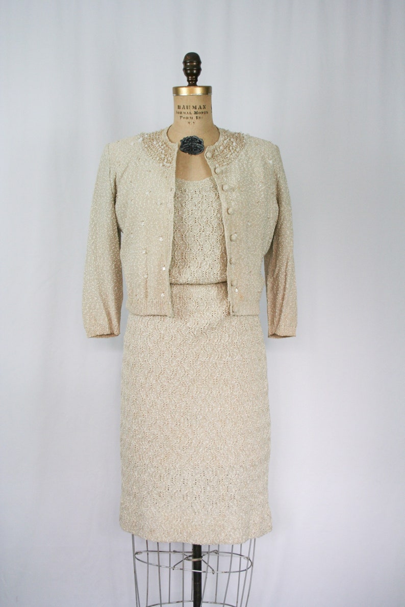 Vintage 50s knit suit Vintage hand knit two piece suit 1950s I. Magnin cardigan dress suit image 3