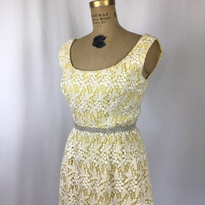 Vintage 60s dress Vintage yellow white lace evening gown 1960s Cameo Evening Fashion floral lace rhinestone maxi dress image 5