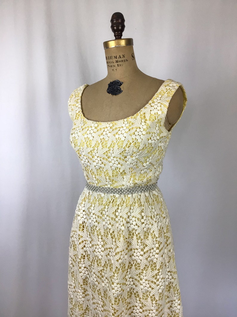 Vintage 60s dress Vintage yellow white lace evening gown 1960s Cameo Evening Fashion floral lace rhinestone maxi dress image 5