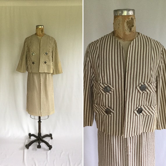 Stripe 50s seersucker suit | Vintage brown striped