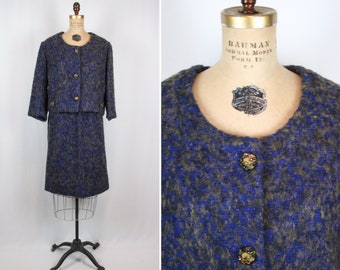 costume vintage des années 60 | veste et jupe en mohair brun bleu vintage | Costume deux pièces en mohair de laine des années 1960