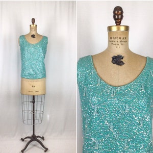 Vintage 60s Sweater | Vintage aqua sequin sweater vest | 1960s hand beaded evening top