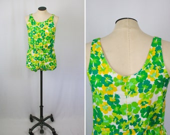 Vintage 60s romper | Vintage green floral cotton playsuit | 1960s Sun Casuals of Hawaii one piece swimsuit