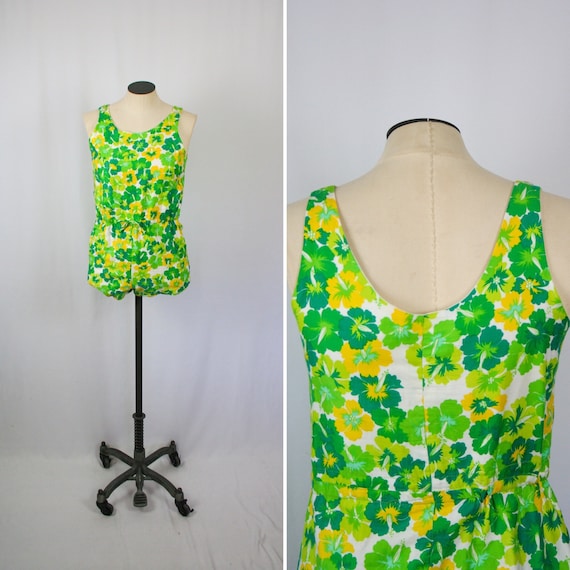 Vintage 60s romper | Vintage green floral cotton … - image 1