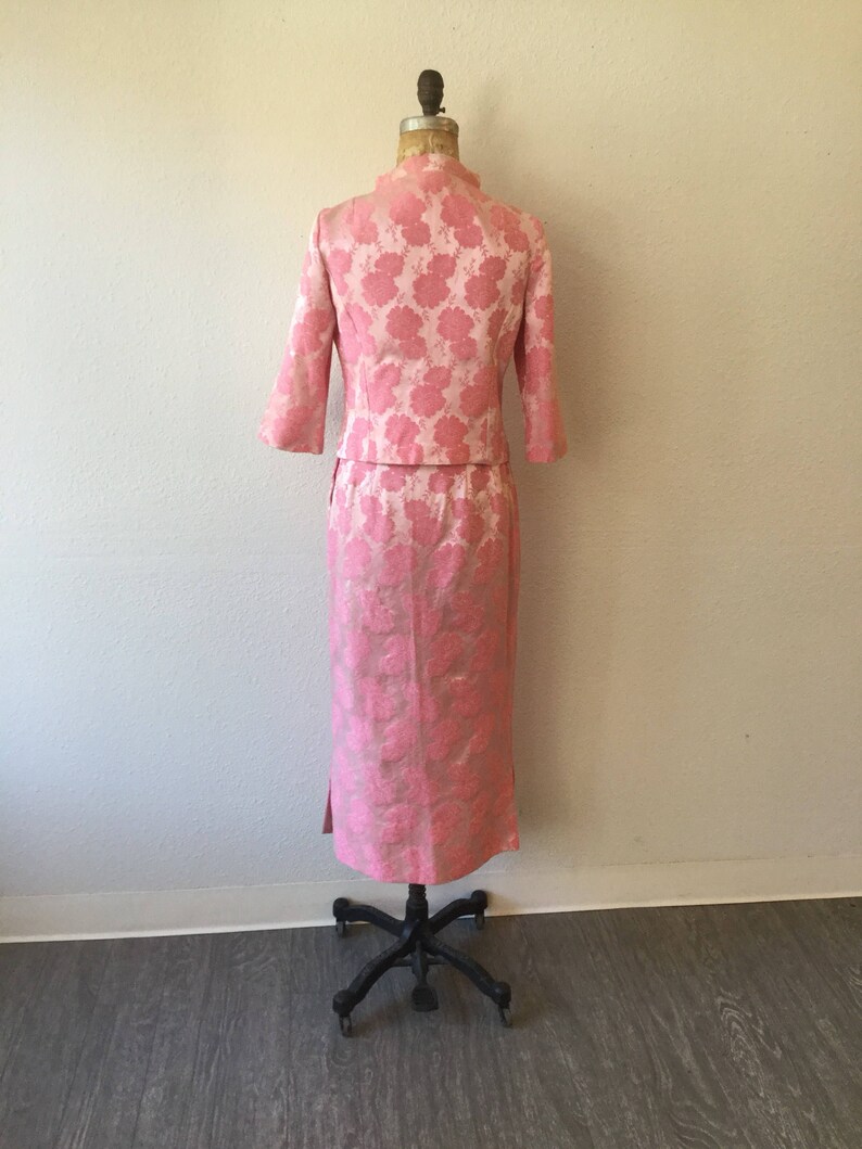 1960/'s Carol Brent Two Piece Suit Vintage pink rose brocade suit Rose 60s suit