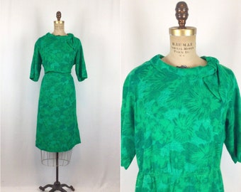 Vintage 50s dress | Vintage green on green floral dress | 1950s Lawrences sheath dress