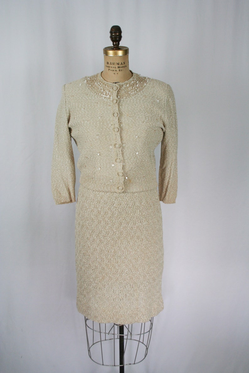 Vintage 50s knit suit Vintage hand knit two piece suit 1950s I. Magnin cardigan dress suit image 4