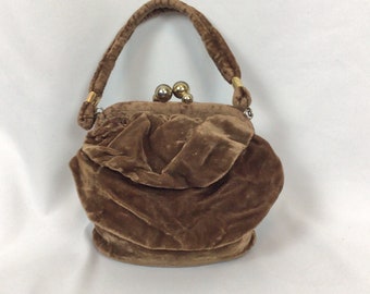 Vintage 40s Purse | Vintage chocolate brown velvet  bag | 1940s flat bottom pouch top handle handbag