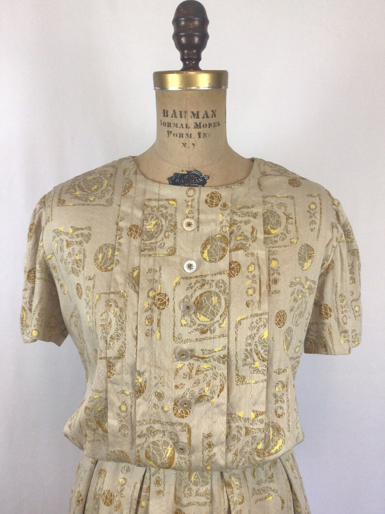 Vintage 50s Dress Vintage beige gold ball print day dress 1950s shirtwaist dress image 2