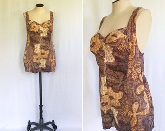 Vintage 50s swimsuit | Vintage brown Hawaiian floral print one piece | 1950s Cole Swimwear tiki print bathing suit