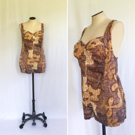 Vintage 50s swimsuit | Vintage brown Hawaiian flor